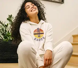 woman wearing a hoodie with a print on it